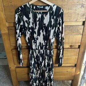 ZARA Tiered Camouflage Midi Pleated Dress Long Sleeves Brown Beige Black Army S